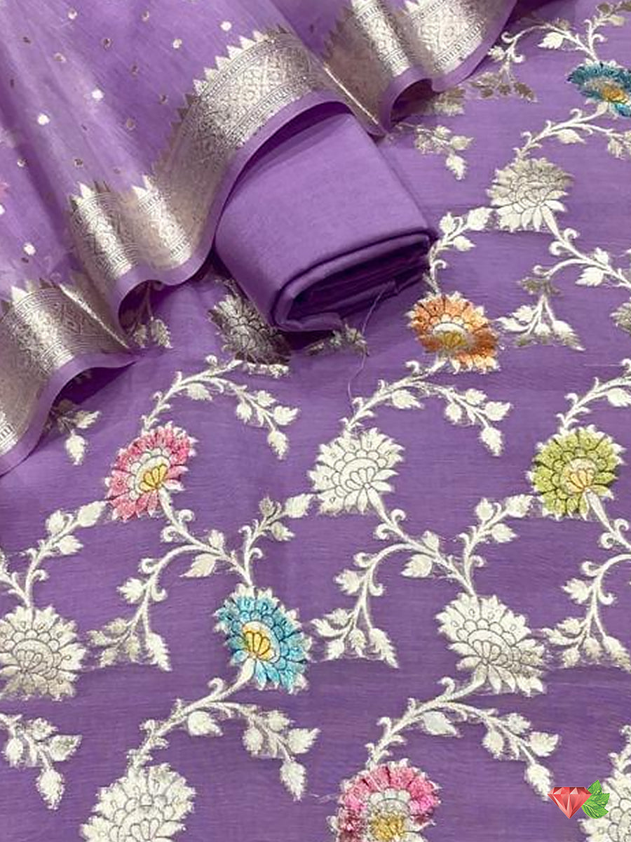 Lavender and Off-white Banasri Silk Suit Fabric