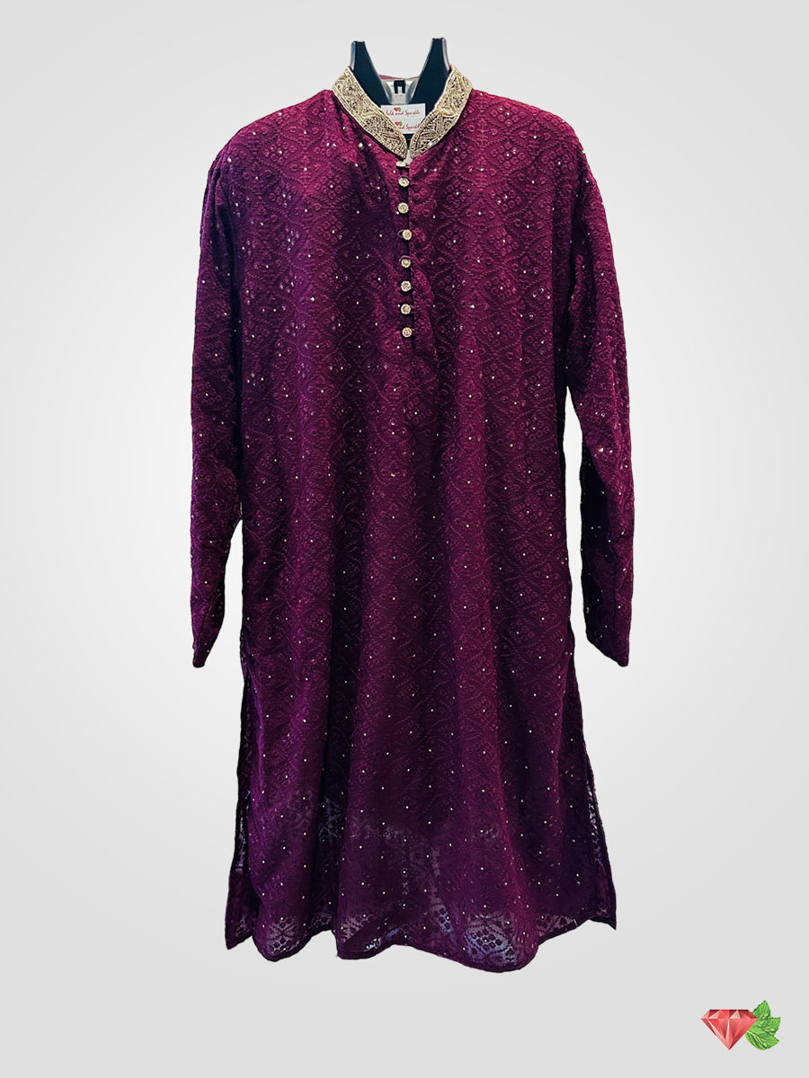 Purple Georgette Embroidered Kurta paired with off white churidar