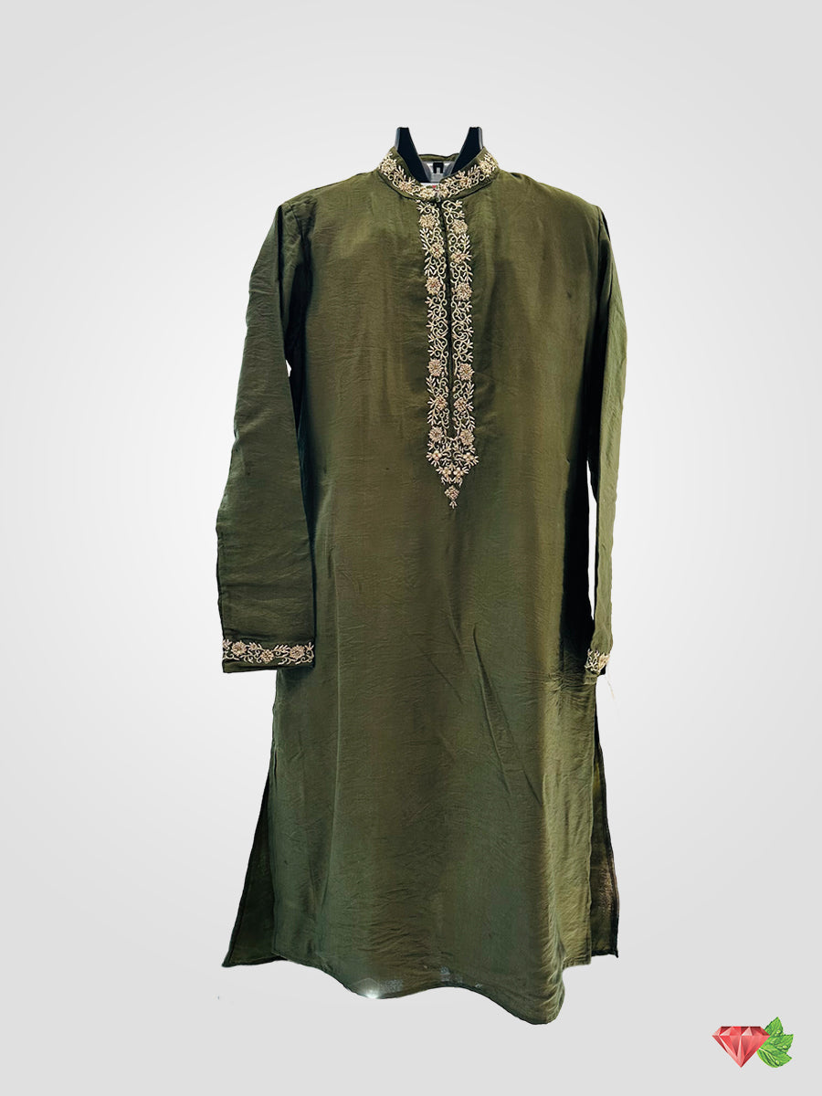 Embroidered Green Kurta with off white churidar