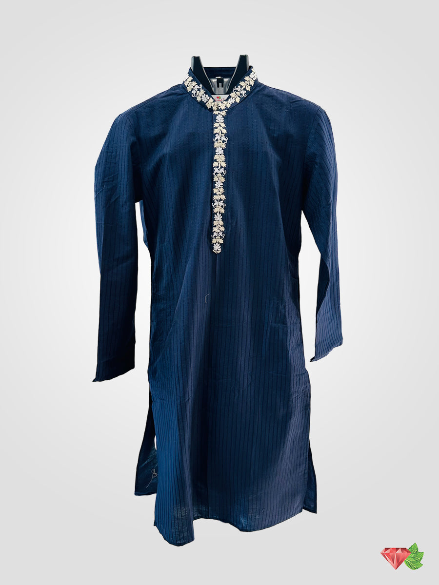 Blue Cotton Silk embroidered kurta paired with same colour churidar