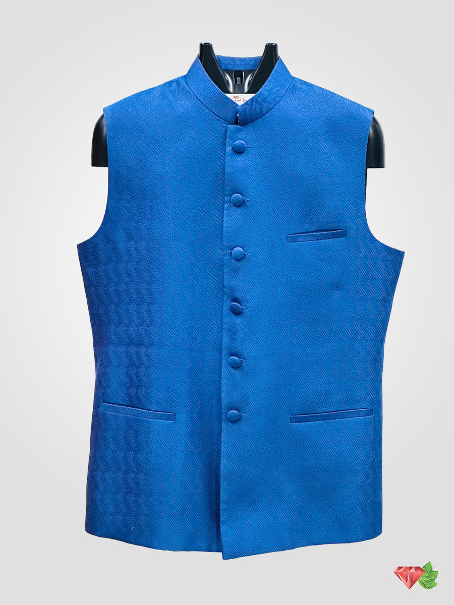 Blue Self Design Bundi Nehru Jacket