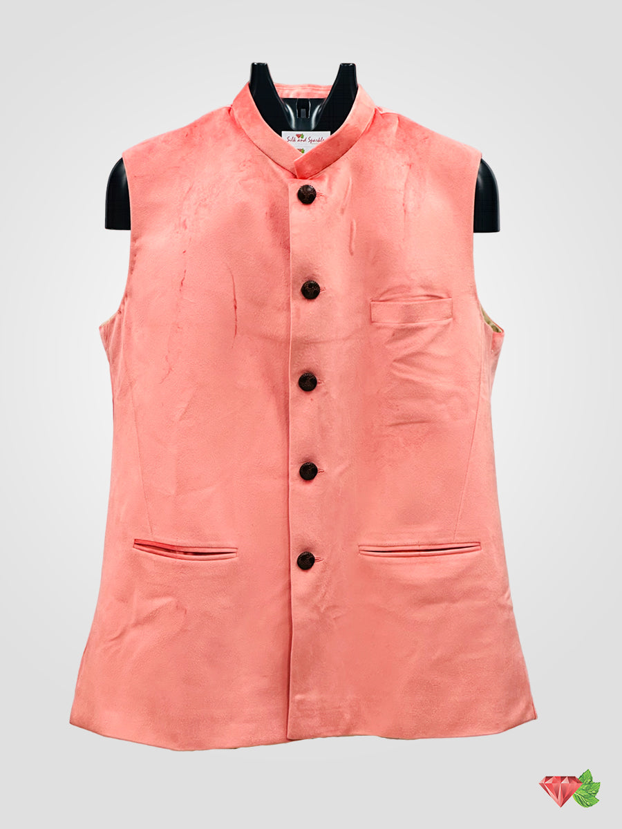 Peachish Pink Velvet Bundi Nehru Jacket