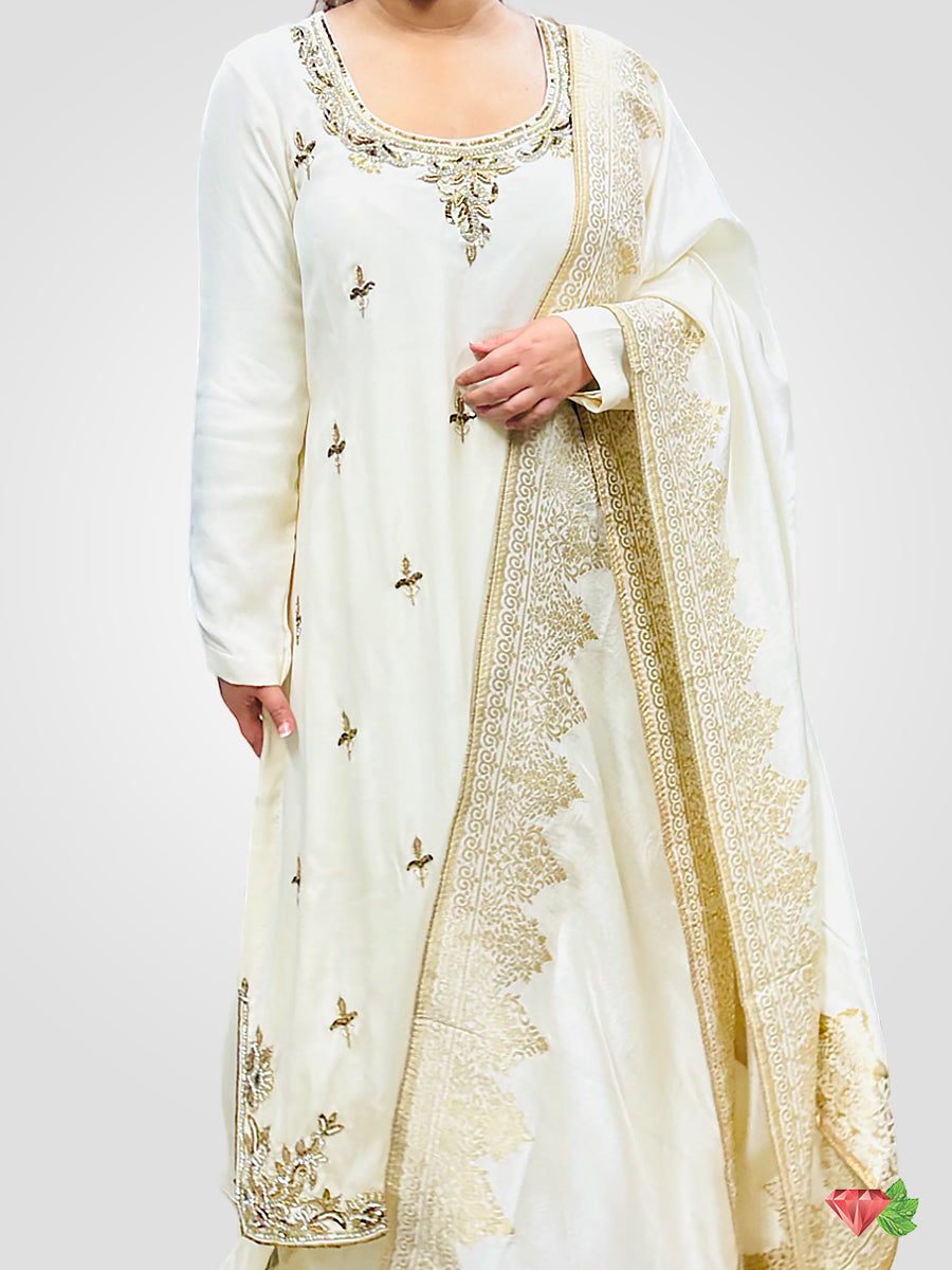 Offwhite embroidered sharara Suit paired with Banarsi Dupatta