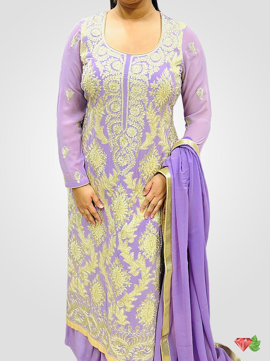 Lavender colour Georgette Embroidered Sharara suit paired with Georgette Dupatta