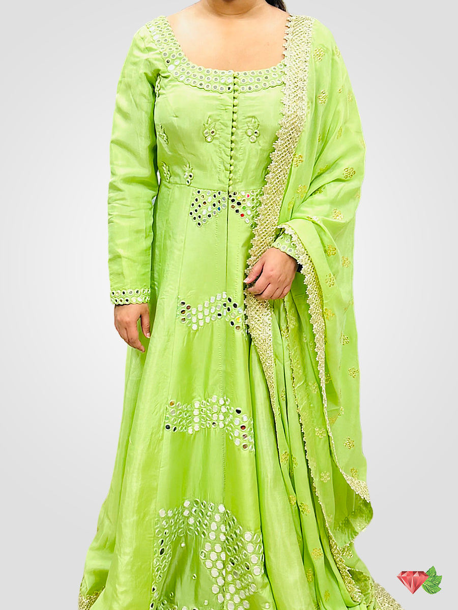 Green Silk Front Slit Anarkali with mirror