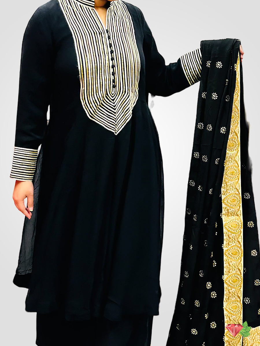 Black Anarkali Paired with Plasso pants and Embroidered Dupatta